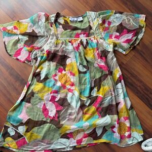 CZ Cover-Ups Floral‎ Sequin V-Neck Kaftan Beach Cover Up Large Pink Yellow Brown
